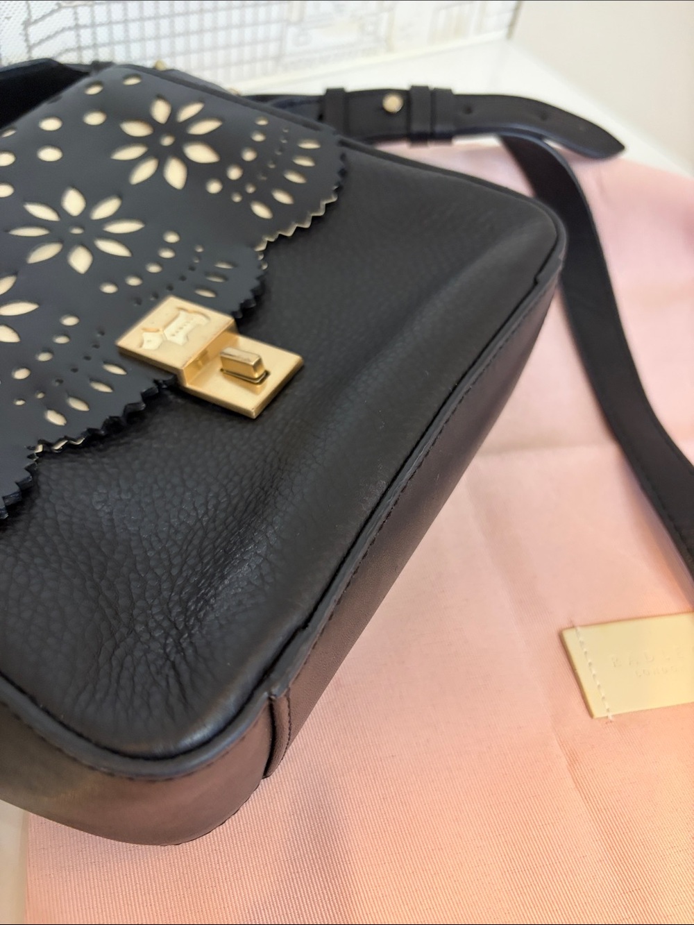 RADLEY LONDON Black Leather Crossbody with Cream Floral Cutouts and Gold Lock - Picture 16 of 16